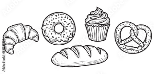 Hand-drawn bakery and pastry collection featuring a croissant, donut, cupcake, pretzel, and bread loaf in a black and white vintage-style sketch illustration