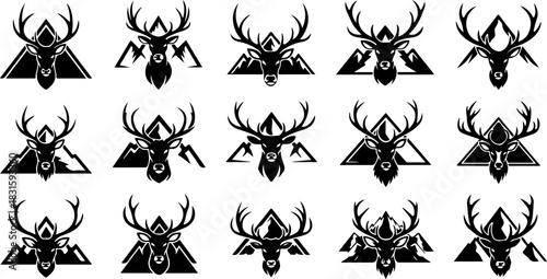 Deer Head Antler Skull Silhouette Emblem Set