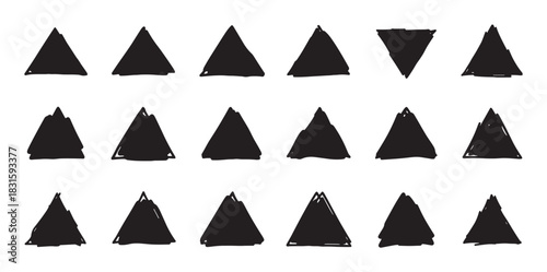 Hand drawn black ink triangle shapes set in a rough, sketchy style, creating a minimalist geometric pattern with grunge texture and abstract artistic elements for design
