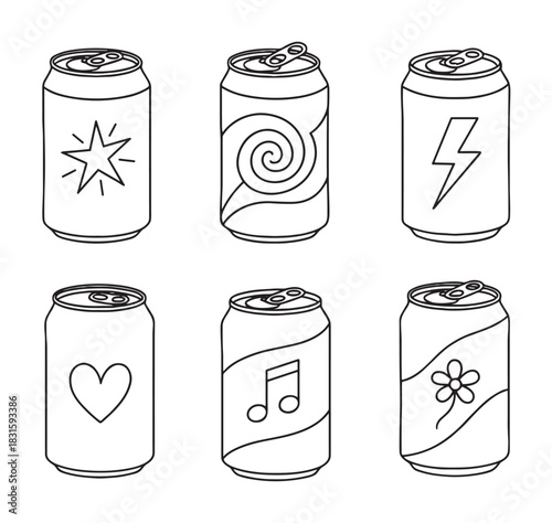 Set of six hand-drawn aluminum cans with various symbols like a heart, star, and flower, illustrated in a simple black and white line art style for coloring or design
