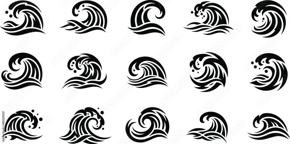 Obraz premium Ocean waves collection. Sea storm wave isolated. Waves, water elements set. Nature wave water storm linear style illustration
