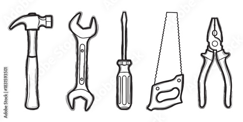 Collection of hand-drawn construction tools including a hammer, wrench, screwdriver, saw, and pliers in a simple black and white sketch style illustration