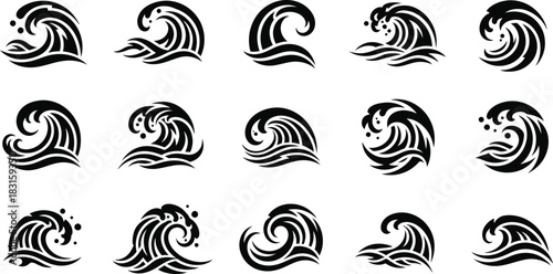Ocean waves collection. Sea storm wave isolated. Waves, water elements set. Nature wave water storm linear style illustration