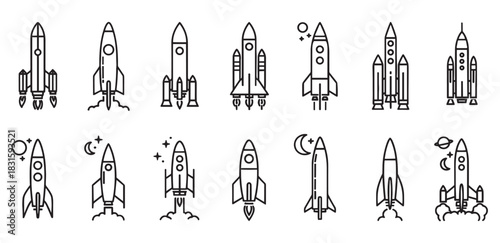 Collection of black line art rocket and spaceship icons in a minimalist style, featuring various designs of launching spacecraft, shuttles, and futuristic vehicles for exploration