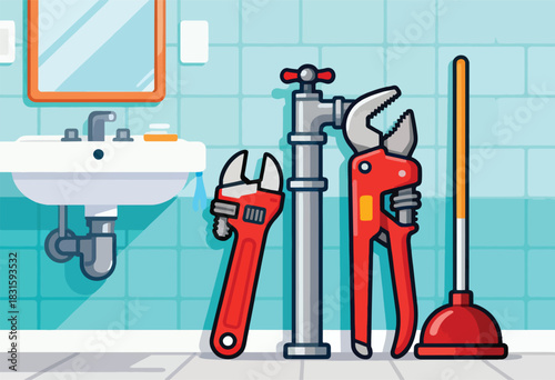 Cartoon bathroom scene with tools a sink, tools and a running faucet. The image showcases plumbing necessities