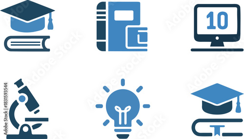 Set of six blue educational icons representing learning and knowledge