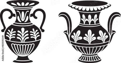 Two ancient greek style black silhouette vases with decorative patterns