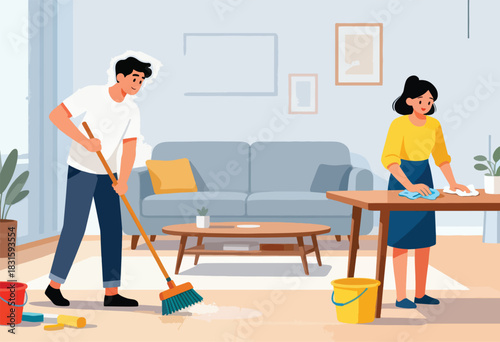 A cartoon scene depicts a man sweeping a floor while a woman wipes a table in a clean living room