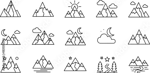 Mountain Logo and Adventure Peaks Silhouette Icon Set