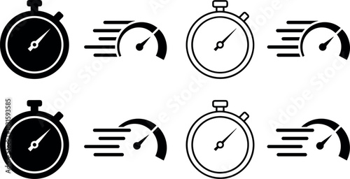 Speedometer and Stopwatch Black Icons, Fast Time Measurement and Performance Symbol, Quick Loading and Velocity Graphic, Race Timer Tool Vector Set Collection.