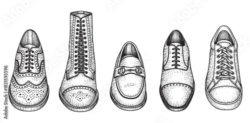 Collection of five different shoes including brogues, boots, loafers, and sneakers in a hand-drawn vintage engraving style illustration, viewed from a top-down perspective