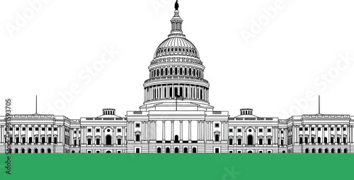 United States Capitol Building Illustration, Washington D.C. Landmark, Government and Democracy Symbol, Architecture Outline Drawing, Iconic Political Power Center Vector.