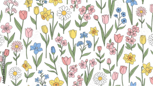 Delicate Floral Pattern with Tulips, Daisies, and Forget-Me-Nots