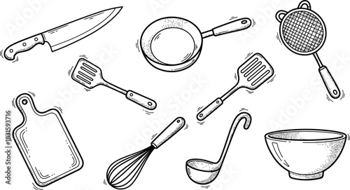 Hand-drawn collection of kitchen utensils, cookware, and culinary elements like pots, pans, knives, plates, and food splashes in a detailed doodle style on white.