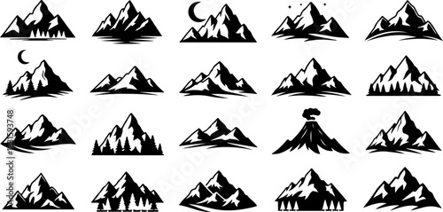 Mountain Logo and Adventure Peaks Silhouette Icon Set