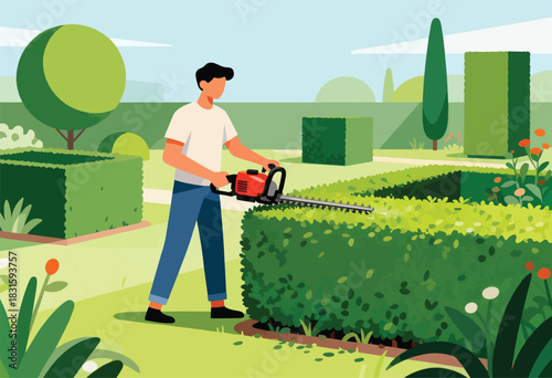 A person uses a hedge trimmer to shape a green hedge in a garden. Other shaped hedges and flowers are visible