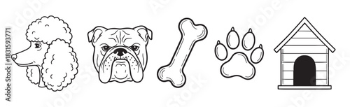 Set of black and white dog-themed icons featuring a poodle, bulldog, bone, paw print, and kennel in a simple hand-drawn line art style perfect for pet-related designs