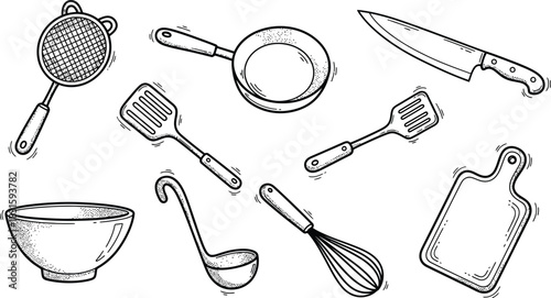 Hand-drawn collection of kitchen utensils, cookware, and culinary elements like pots, pans, knives, plates, and food splashes in a detailed doodle style on white.