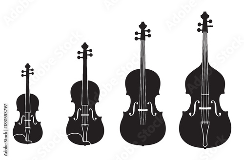 Four black string instrument silhouettes showing the violin family, including a viola, cello, and double bass, arranged by size in a simple graphic vector illustration style