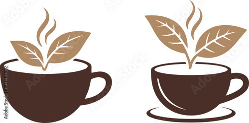 Two brown coffee cups with steaming leaves and abstract design