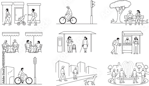 Urban daily life scenes showing people engaged in various activities outdoors