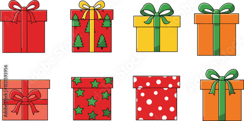Colorful gift box illustration set with ribbons, festive present designs, holiday packaging collection, decorative Christmas gift icons for celebration, party and seasonal graphic projects