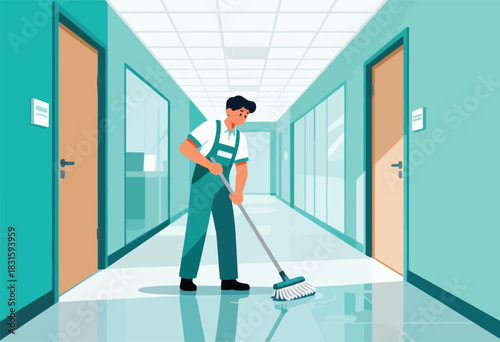 A worker mops a hallway. Doors and windows line the walls. Shiny floor reflects the scene. A clean and tidy illustration
