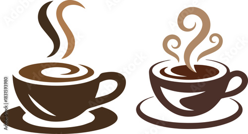 Two steaming cups of coffee on saucers with stylized steam swirls