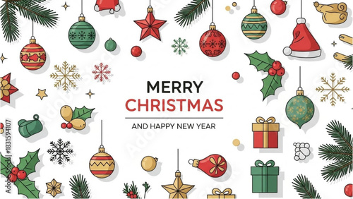 Festive Christmas and New Year Greeting with Ornaments and Decorations