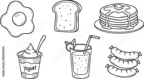 hand drawn doodle breakfast food icons set