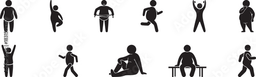 Overweight Body Pose Icons – Human Figure Silhouette Vector Set, Diverse Body Shape Symbols
