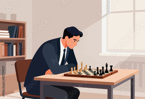 A man in a suit contemplates a chess game, seated at a table. Bookshelves and window present