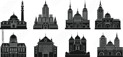 Historic building silhouette set, architectural landmark icons, classic cathedral and palace illustrations, cultural monument collection, vintage skyline design, 