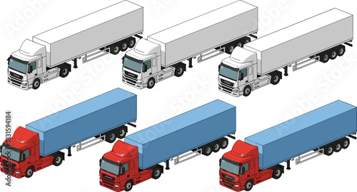 Isometric illustration of cargo trucks, detailed freight transportation vehicles, modern logistics lorries in multiple colors, commercial transport fleet graphic for supply chain design usage