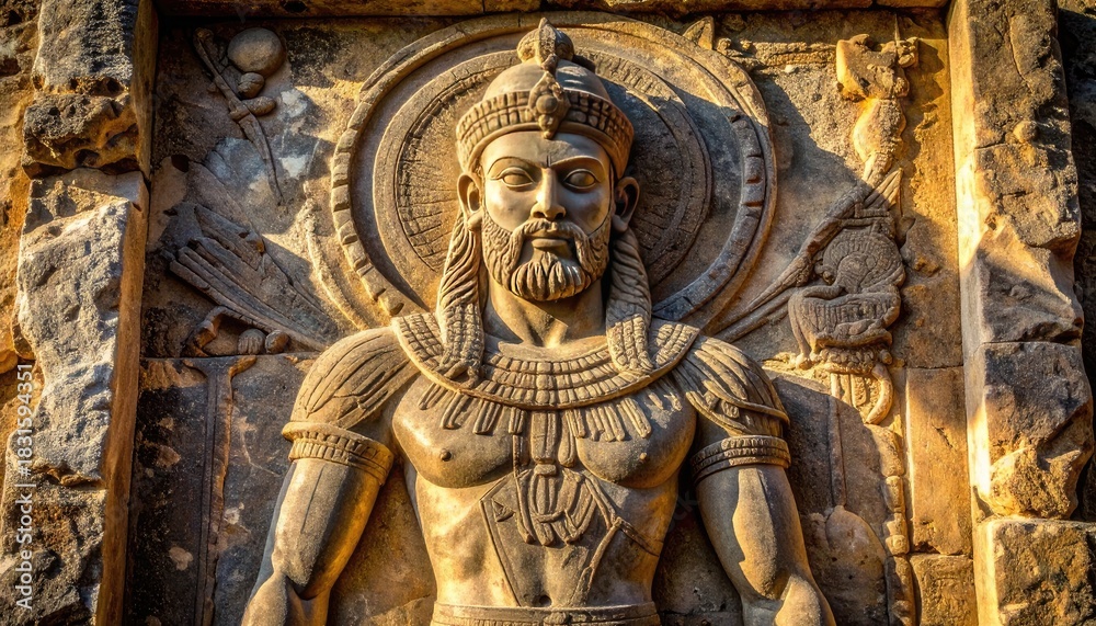 Obraz premium Detailed close-up of an ancient stone relief sculpture depicting a regal, bearded male figure with elaborate headdress and ornamentation.