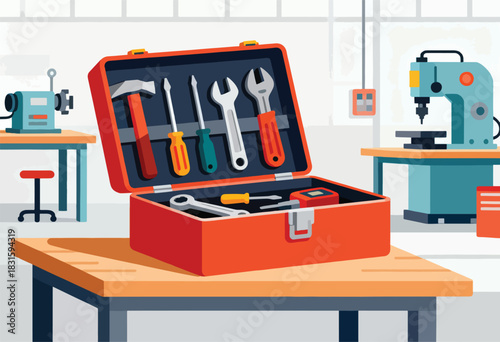 Vector illustration of a workshop scene featuring tools, machinery, and a toolbox open on a table