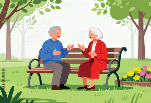 An elderly couple engages in a conversation on a park bench under trees, surrounded by greenery and flowers