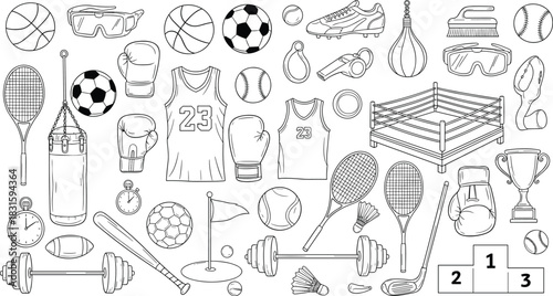 Sports equipment illustration, fitness gear outline, athletic icons collection, sporting goods doodle set, exercise tools drawing, workout items sketch, physical activity symbols design
