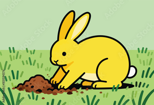 A cartoon rabbit with yellow fur digs in the dirt on a green grassy field. Simple, bright colors