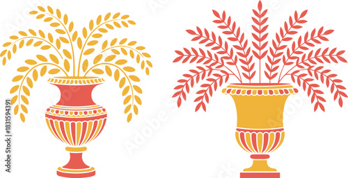 Stylized Decorative Urns with Foliage Motifs
