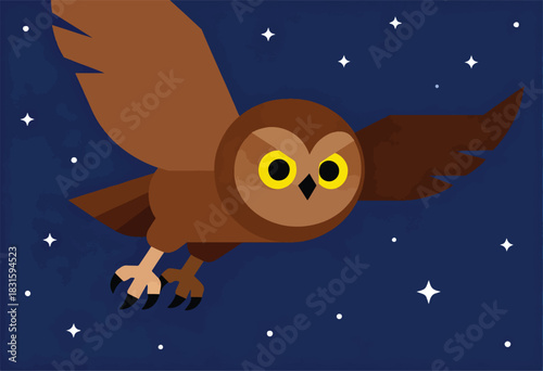 A stylized owl with large yellow eyes and outstretched wings soars against a starry, dark blue night sky