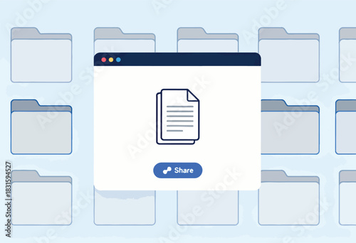 A browser window with document icon and "share" button over background of file folders