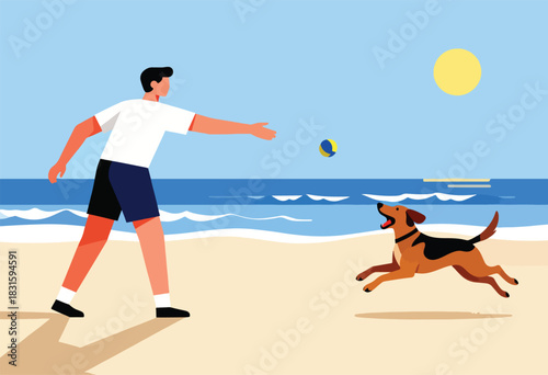 A man throws a ball to a dog running on a beach, sunny sky, simple illustration
