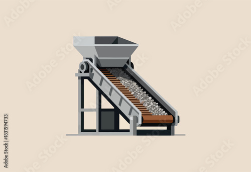 A vector illustration depicts a conveyor belt system loaded with pebbles. The machine is stationary and gray-toned