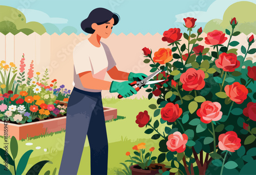 A person, wearing gloves, trims rose bushes in a garden. Other flowerbeds and a fence are also visible