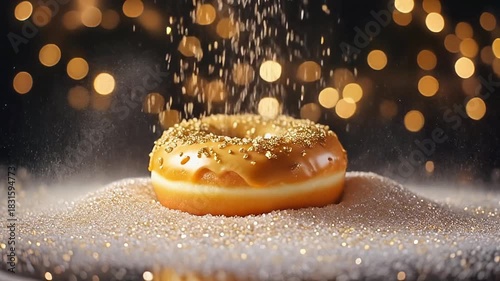 Delicious donut with caramel icing topped with granules, a tasty dessert ready to serve