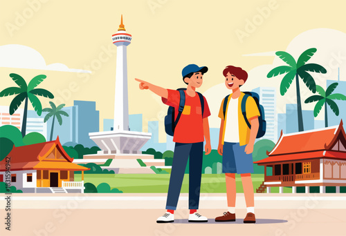 Two travelers with backpacks looking towards a landmark, a tall monument in a cityscape with traditional buildings