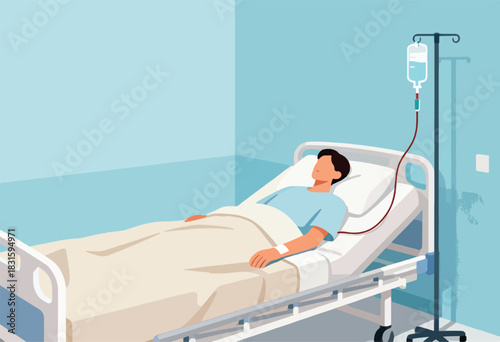 A patient lies in a hospital bed, receiving intravenous fluids. Medical setting with a drip stand