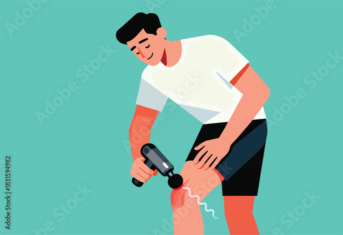 A man uses a handheld massager on his knee. Illustration in a flat, illustrative style