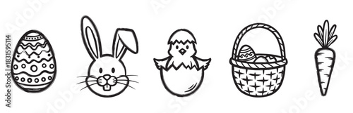 Black and white Easter doodle icon set with a rabbit, hatching chick, patterned egg, carrot, and a wicker basket, all rendered in a simple, rough brush stroke illustration style